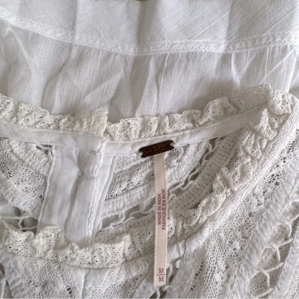 Free People White Crochet Yoke Flutter Sleeve Top